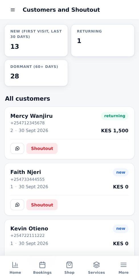 Screenshot: Open Customers and Shoutout