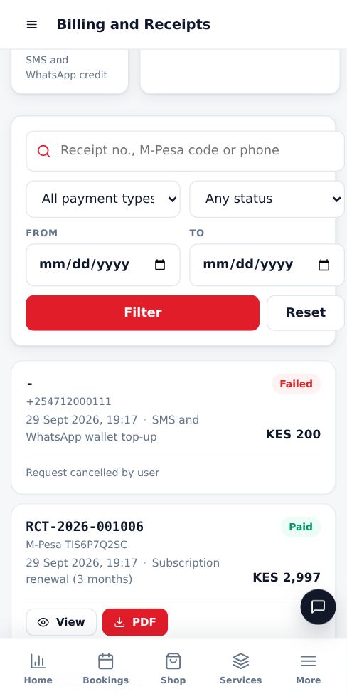 Screenshot: Open Billing and Receipts