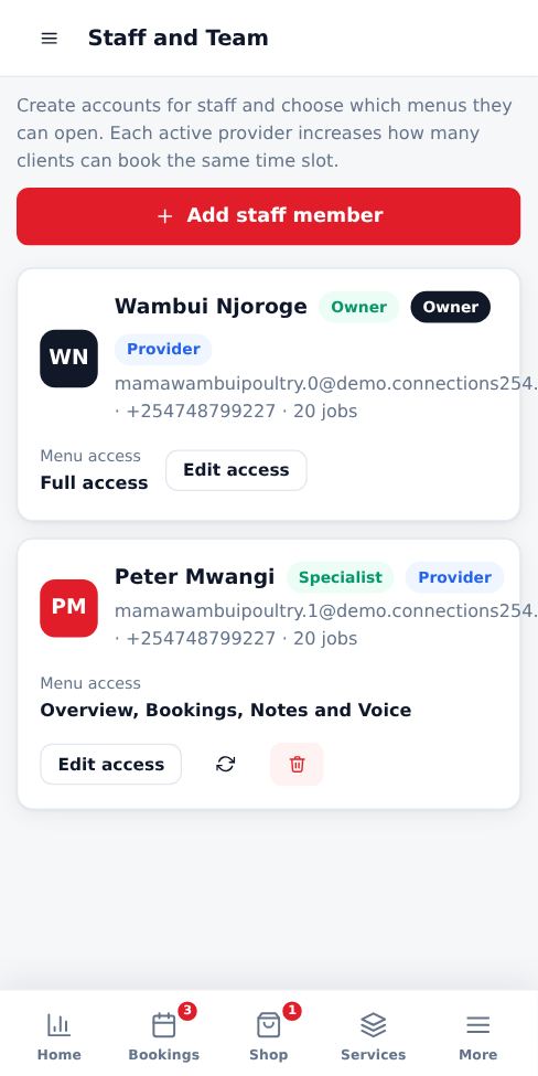 Screenshot: Open Staff and Team